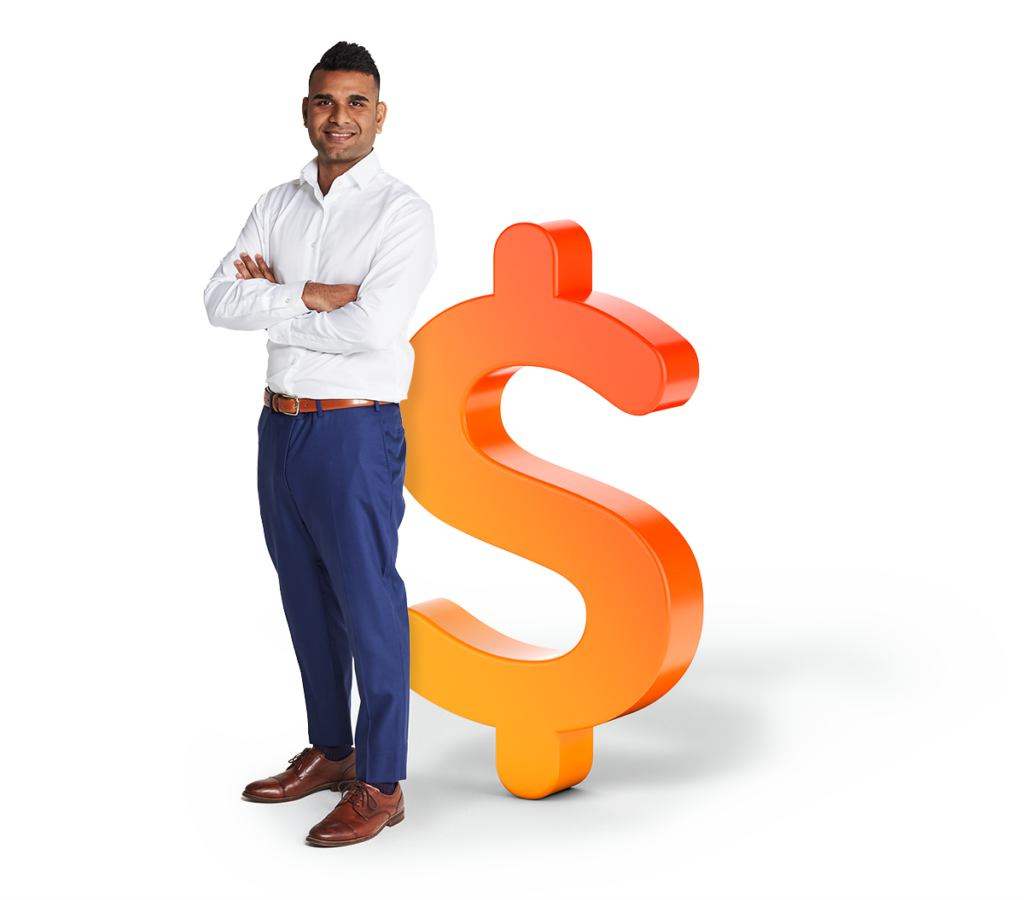 OFX staff member, Navi, smiling with his arm crossed, wearing a white shirt and blue suit pants, standing next to an 3D orange dollar icon