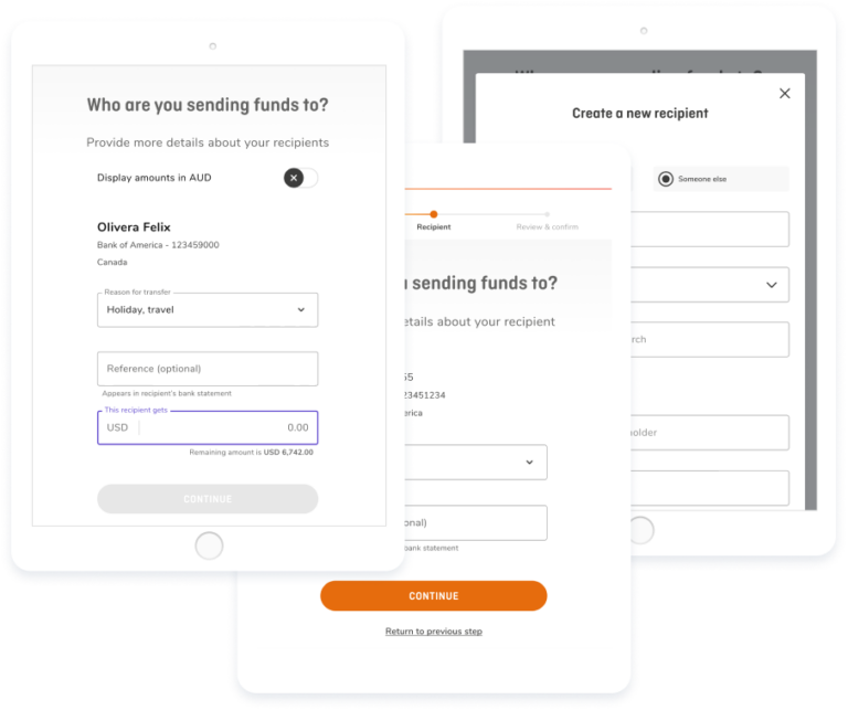 Product screenshot showing the text “Who are you sending funds to?”. Underneath are your recipient details, a dropdown option for the reason for sending, and an optional reference to the recipient.