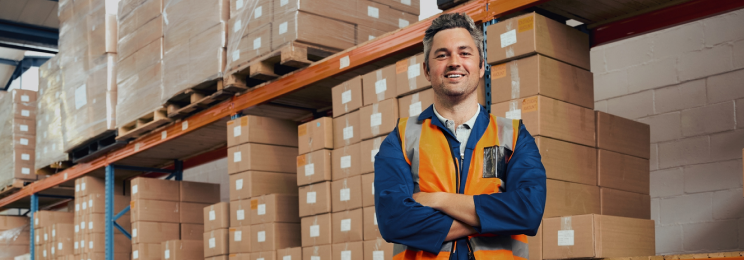 A picture of a male worker in a factory filled with boxes.